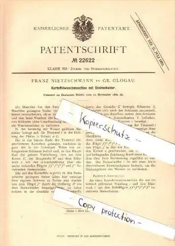 Original Patent - Franz Nitzschmann in Glogau / Glogow , 1882 , Kartoffel - Waschmaschine !!!