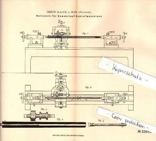 Original Patent - Simson & Luck in Suhl i. Th. , 1882 , Gewehrlauf - Schleifmaschine , Gewehr !!!