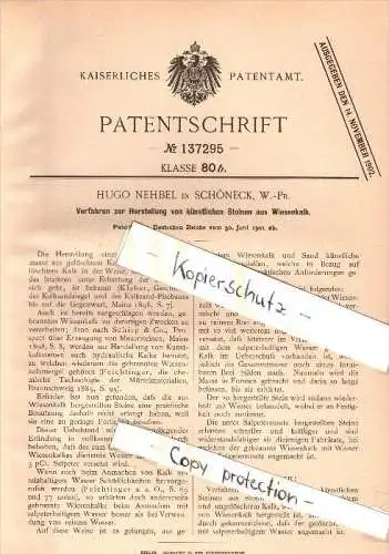 Original Patent - Hugo Nehbel in Schöneck / Skarszewy i. Westpreussen , 1901 , Herstellung von künstlichem Stein !!!