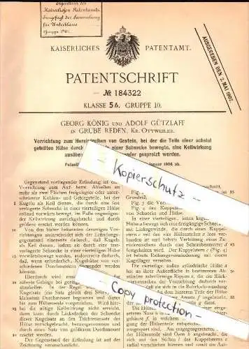 Original Patent - G. König und A. Gützlaff in Grube Reden b. Ottweiler , 1906, Apparat für Gestein , Zeche , Bergbau !!!