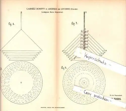 Original Patent - Gabriele Boretti in Ardenza b. Livorno , Italia , 1884 , Riscaldatore Lamp !!!