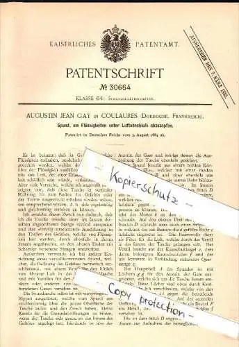 Original Patent - Augustin Jean Gay à  Coulaures , Dordogne , 1884 , Bonde pour liquides , maison d'hotes !!!