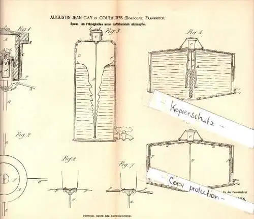 Original Patent - Augustin Jean Gay à  Coulaures , Dordogne , 1884 , Bonde pour liquides , maison d'hotes !!!