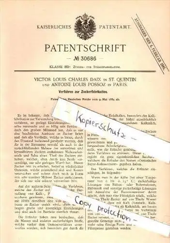 Original Patent - Victor Daix à Saint Quentin , 1884 , la production de sucre , usine , A. Possoz à Paris  !!!