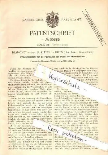 Original Patent - Blanchet & Kléber à Rives , Isére , 1884 , Fabrication de papier avec filigrane !!!