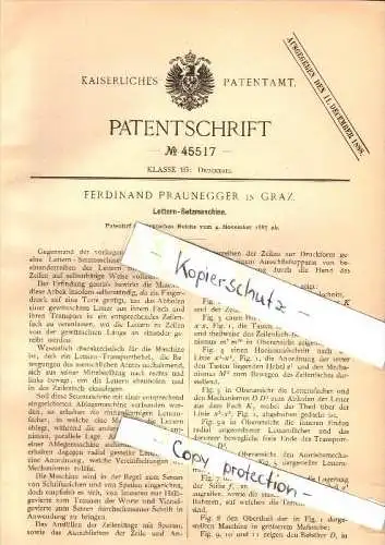 Original Patent - Ferdinand Praunegger in Graz , 1887 , Lettern - Setzmaschine , Druckerei , Druck !!!