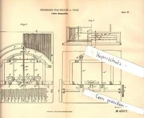 Original Patent - Ferdinand Praunegger in Graz , 1887 , Lettern - Setzmaschine , Druckerei , Druck !!!