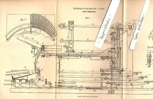 Original Patent - Ferdinand Praunegger in Graz , 1887 , Lettern - Setzmaschine , Druckerei , Druck !!!