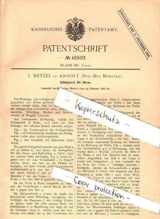 Original Patent - L. Hetzel in Anholt , Isselburg , 1888 , Schlagwerk für Uhren , Uhrmacher , Uhr , Münster  !!! 0