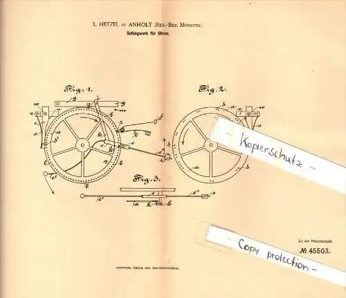 Original Patent - L. Hetzel in Anholt , Isselburg , 1888 , Schlagwerk für Uhren , Uhrmacher , Uhr , Münster  !!!