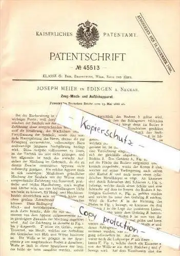 Original Patent - Jospeph Meier in Edingen a. Neckar , 1888, Mischapparat , Bier , Brauerei , Neckarhausen , Alkohol !!!