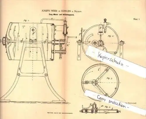 Original Patent - Jospeph Meier in Edingen a. Neckar , 1888, Mischapparat , Bier , Brauerei , Neckarhausen , Alkohol !!!