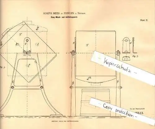 Original Patent - Jospeph Meier in Edingen a. Neckar , 1888, Mischapparat , Bier , Brauerei , Neckarhausen , Alkohol !!!