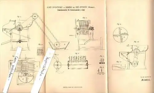 Original Patent - Josef Bydzovsky in Sekeric b. Neu-Bydzov / Novy Bydzov , 1888 , Schneidemaschine , Neubidschow !!!