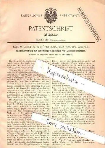 Original Patent - Joh. Wilbert in Münstermaifeld , Bez. Coblenz , 1888 , Kupplung für Eisenbahn , Koblenz !!!