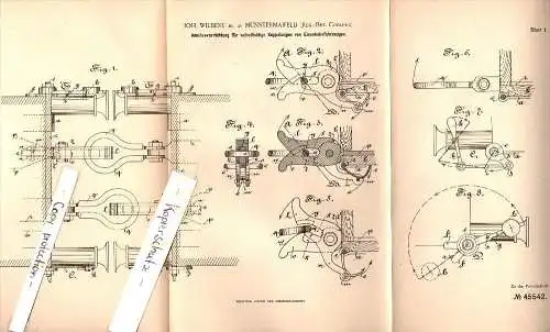 Original Patent - Joh. Wilbert in Münstermaifeld , Bez. Coblenz , 1888 , Kupplung für Eisenbahn , Koblenz !!!