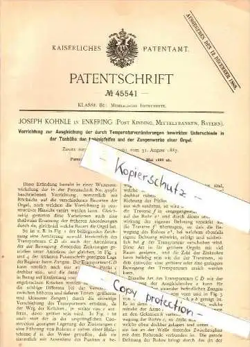 Original Patent - Joseph Kohnle in Enkering b. Kinding , 1888 , Temperaturausgleich für Orgel , Kirche , Bayern  !!!