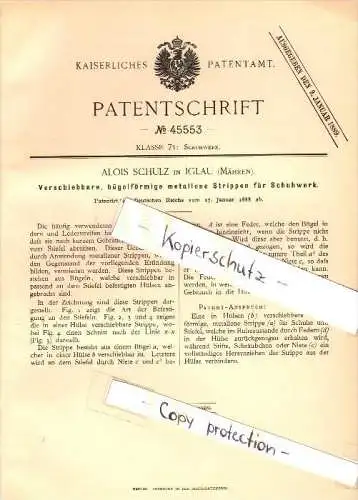 Original Patent - Alois Schulz in Iglau / Jihlava , 1888 , Strippen für Schuhwerk , Schuhe , Schuhmacher !!!