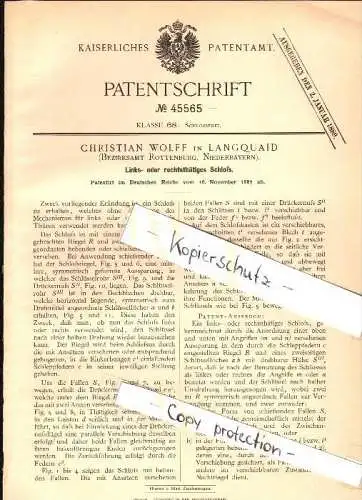 Original Patent - Christian Wolff in Langquaid , 1887 , zweitätiges Schloß , Schlüsseldienst , Rottenburg !!!