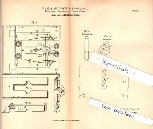 Original Patent - Christian Wolff in Langquaid , 1887 , zweitätiges Schloß , Schlüsseldienst , Rottenburg !!!