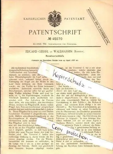 Original Patent - Eduard Giehrl in Waldsassen , 1888 , Revolverschloß , Revolver , Pistole , Bayern  !!!