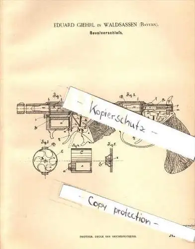 Original Patent - Eduard Giehrl in Waldsassen , 1888 , Revolverschloß , Revolver , Pistole , Bayern  !!!