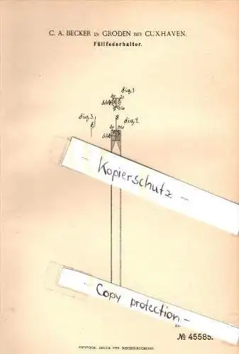 Original Patent - C.A. Becker in Groden b. Cuxhaven , 1888 , Füllfederhalter , Federhalter , Füller , Schule !!!