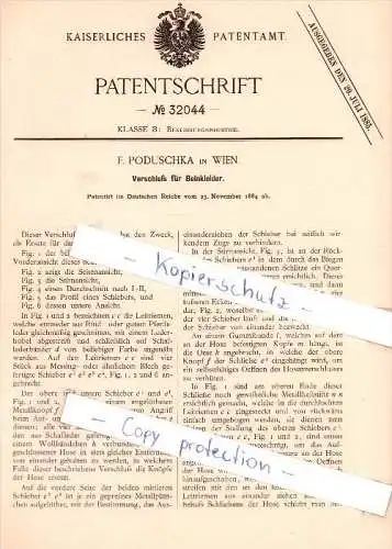 Original Patent  - F. Poduschka in Wien , 1884 ,  Verschluß für Beinkleider !!!