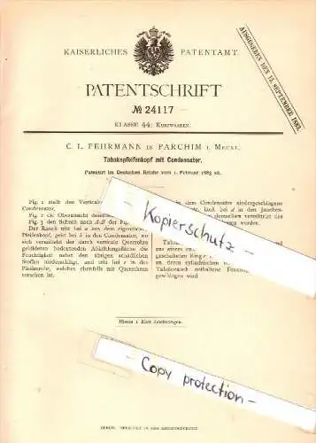 Original Patent - C.L. Fehrmann in Parchim i. Mecklenburg , 1883 , Tabakspfeife mit Condensator , Pfeife !!!