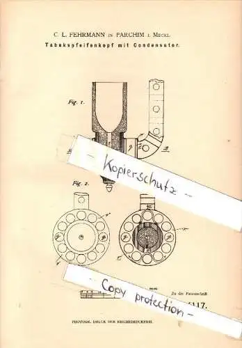 Original Patent - C.L. Fehrmann in Parchim i. Mecklenburg , 1883 , Tabakspfeife mit Condensator , Pfeife !!!