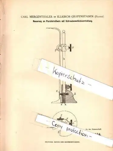 Original Patent - Carl Mergenthaler à Illkirch-Graffenstaden , 1883 , Jauge de surface avec levier de vitesses !!!