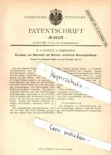 Original Patent - E.A. Schott in Kreiensen b. Einbeck , 1882 , Reinigung von Rübensaft und Melasse !!!