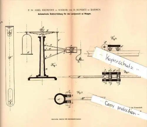 Original Patent - F.W. Axel Erdmann in Wismar i. Mecklenburg , 1883 , Verstellung für Waagen , H. Ruperti in Barmen !!!