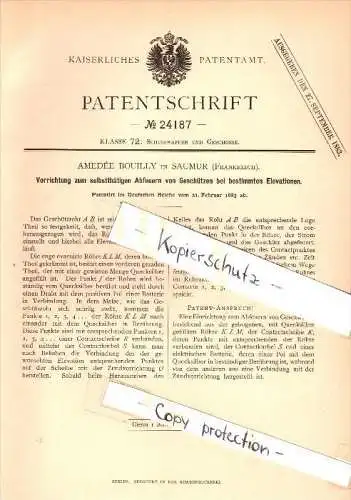 Original Patent - Amedée Bouilly à Saumur , 1883 , Appareil pour canons de tir !!!