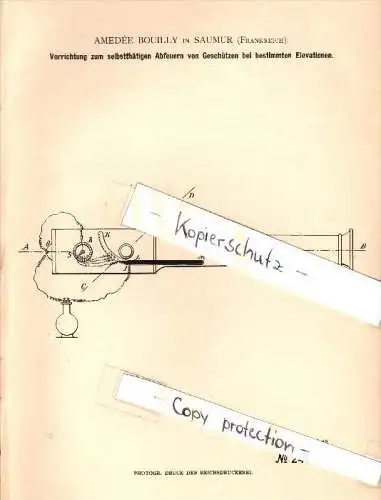 Original Patent - Amedée Bouilly à Saumur , 1883 , Appareil pour canons de tir !!!