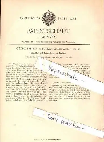 Original Patent - Georg Székely in Lutilla / Lutila , 1893 , Sägeblatt mit Hobelzähnen , Tischlerei !!!