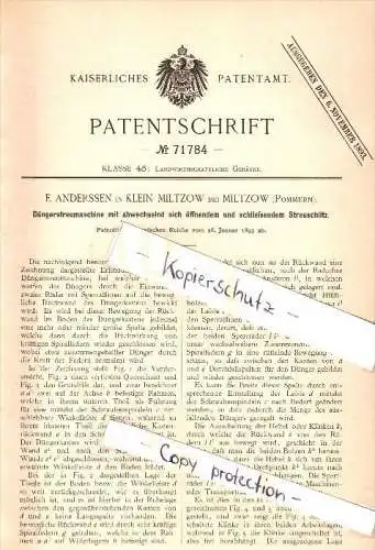 Original Patent - E. Anderssen in Klein Miltzow i. Mecklenburg , 1893 , Düngerstreumaschine , Landwirtschaft , Sundhagen