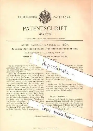 Original Patent - Artur Raubold in Grebin b. Plön , 1893 , Schaufel für Stromkraftmaschinen , Kraftmaschine !!!