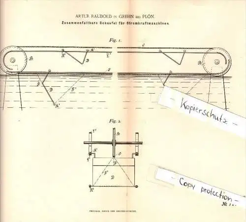 Original Patent - Artur Raubold in Grebin b. Plön , 1893 , Schaufel für Stromkraftmaschinen , Kraftmaschine !!!