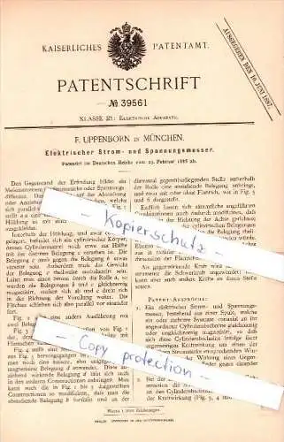 Original Patent  -  F. Uppenborn in München , 1886 , Elektrischer Strom- und Spannungsmesser , Elektriker !!!