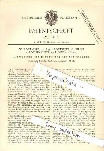 Original Patent - Potthoff & Flume in Louisenhütte b. Lünen a.d. Lippe , 1886 , Herstellung von Gußstücken , Giesserei !