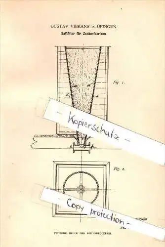 Original Patent - Gustav Vibrans in Üfingen b. Salzgitter , 1883 , Saftfilter für Zuckerfabrik , Zucker !!!