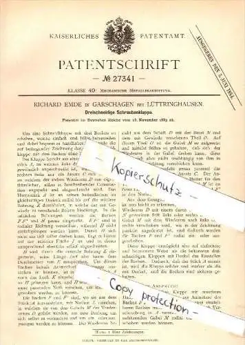 Original Patent - R. Emde in Garschagen b. Lüttringhausen / Remscheid , 1883 , Schraubenkluppe , Metallbau !!!