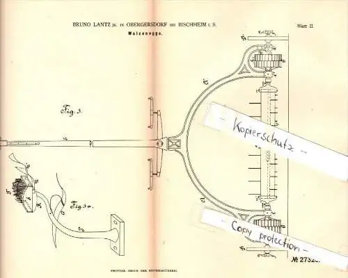 Original Patent - Bruno Lantz in Obergersdorf b. Bischheim i.S., 1883 , Walzenegge , Haselbachtal , Gersdorf !!!