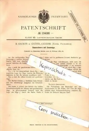 Original Patent - B. Sauron  à Chatel-Censoir , Yonne , 1882 , Élagage des arbres vit avec des ciseaux !!!