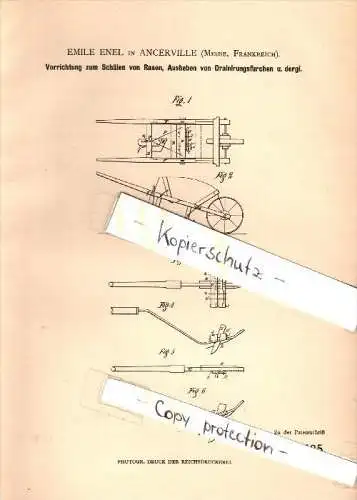 Original Patent - Emile Enel à Ancerville , Meuse , 1882 , Dispositif pour creuser des sillons , agriculture  !!!