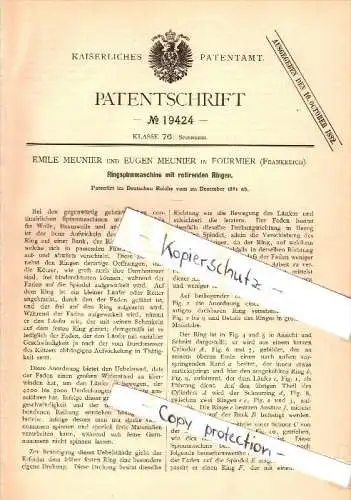 Original Patent - Emile Meunier à Fourmier , France , 1881 , machine à filer !!!