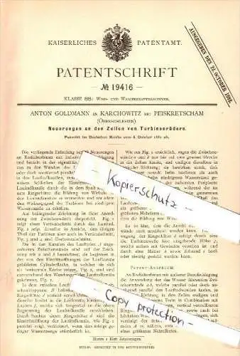 Original Patent - A. Goldmann in Karchowitz / Karchowice b. Peiskretscham / Pyskowice , 1881 , Turbinen , Turbinenräder