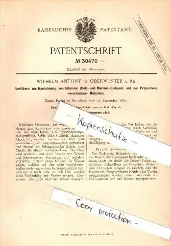 Original Patent - Wilhelm Antony in Oberwinter b. Remagen , 1884 , Intarsien für Holz und Marmor !!!