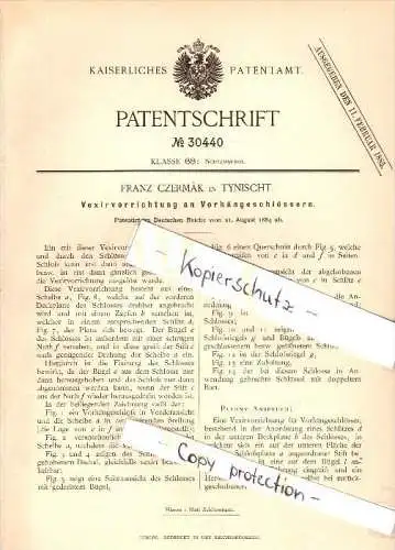 Original Patent - Franz Czermak in Tinischt / Tyniste nad Orlici , 1884 , Vorrichtung für Vorhängeschlösser !!!